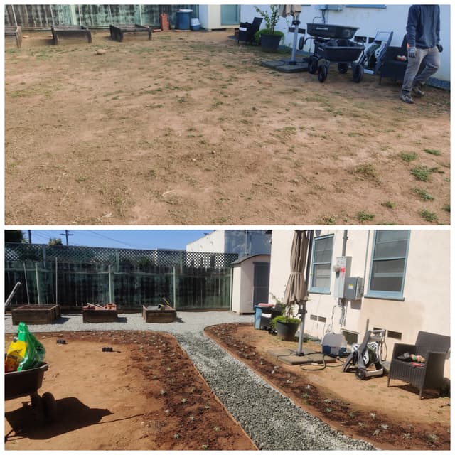 before and after landscaping project that has a freshly installed backyard rock walkway and sidewalk 